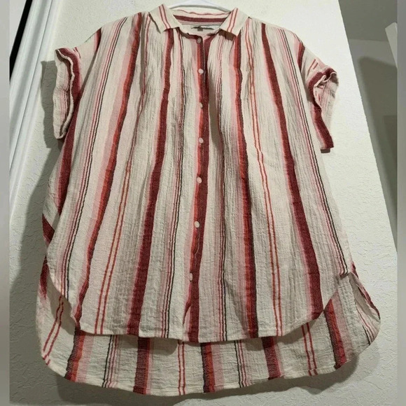 Madewell Pink Red Valentine Albee Striped Central Button Down Short Sleeve Shirt - Picture 4 of 12